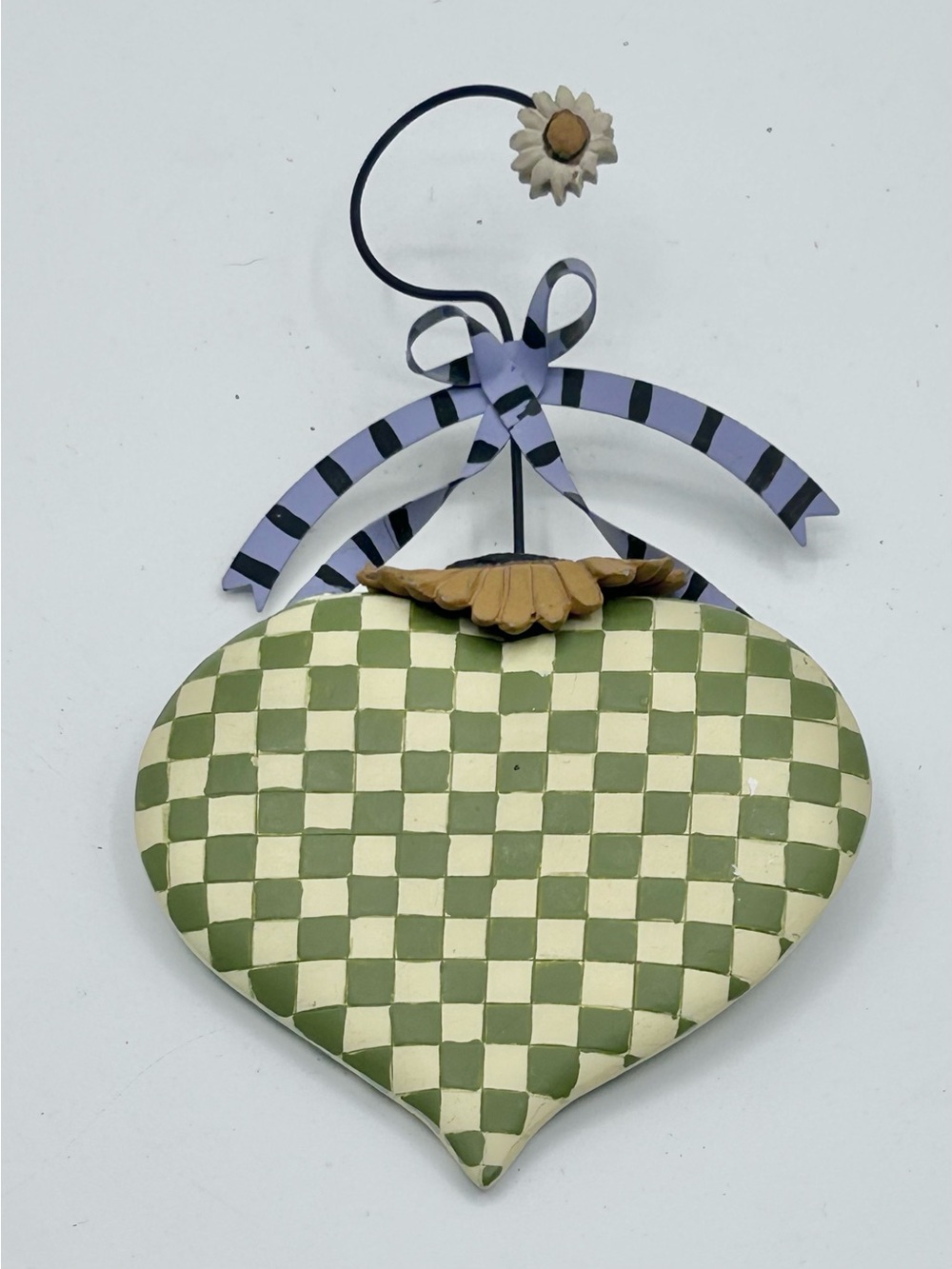 Williraye Studio Heart Valentine Ornament Folk Art Green Checked 6.25"
